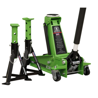 Sealey 3tonne Trolley Jack with Super Rocket Lift & Axle Stands (Pair) - Hi-Vis Green 3015CXHV