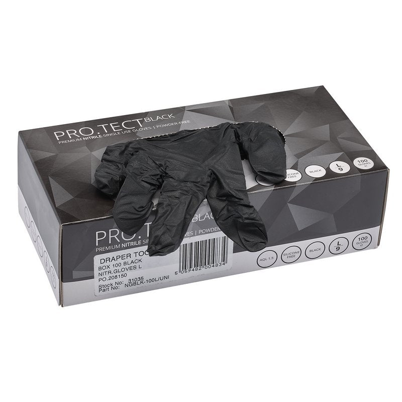 Draper Nitrile Gloves, Large, Black (Pack of 100) DRA-31035