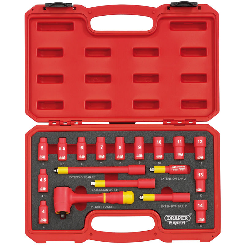 Draper VDE Approved Fully Insulated Metric Socket Set, 1/4" Sq. Dr. (18 Piece) DRA-31037