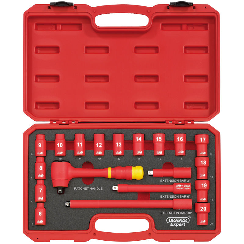 Draper VDE Approved Fully Insulated Socket Set, 3/8" Sq. Dr. (19 Piece) DRA-31057