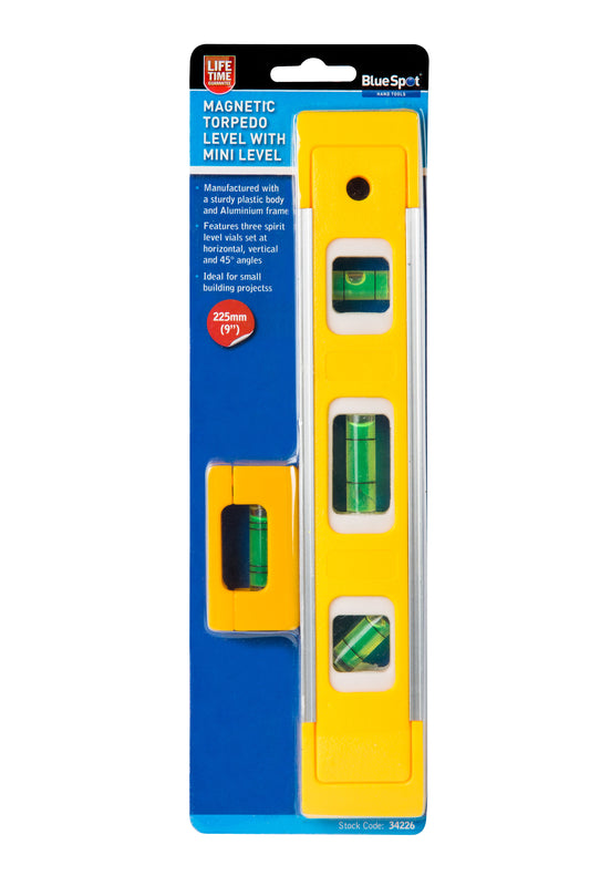 BlueSpot 225mm (9") Magnetic Torpedo Level With Mini Level 34226