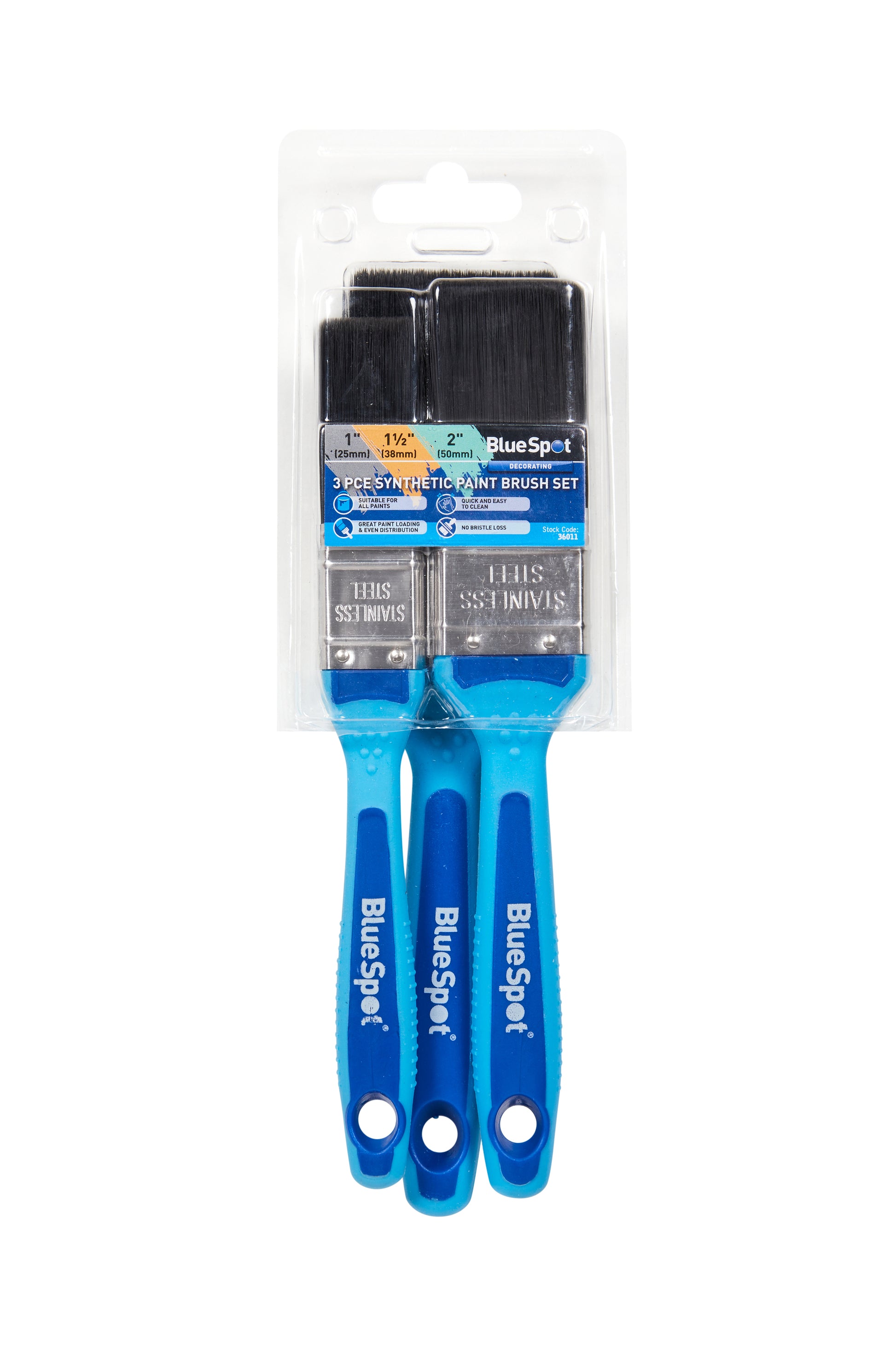 BlueSpot 3 PCE Synthetic Paint Brush Set with Soft Grip Handle (1”, 1 ½” and 2”) 36011