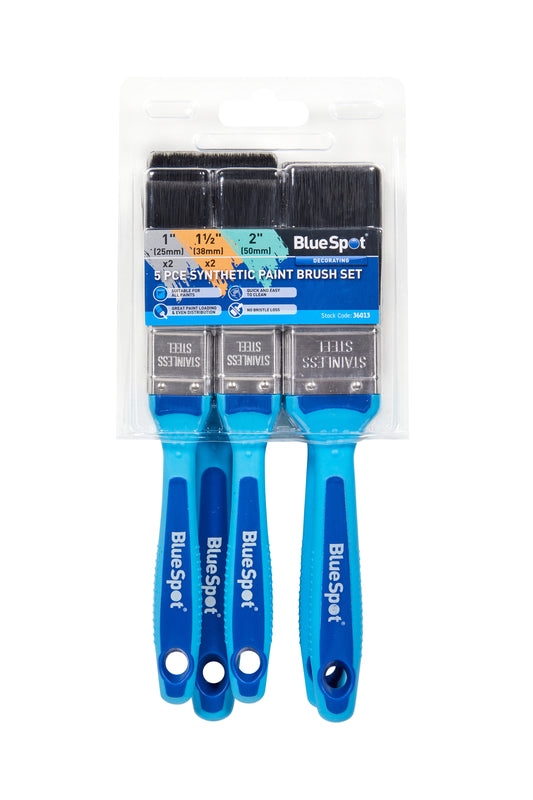 BlueSpot 5 PCE Synthetic Paint Brush Set with Soft Grip Handle (2 PCE 1", 2 PCE 1 1/2", 1 PCE 2") 36013