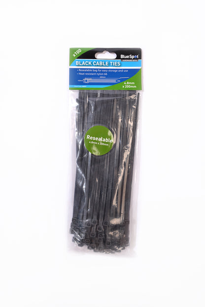 BlueSpot 100 PCE 4.8mm X 200mm Black Cable Ties 40057
