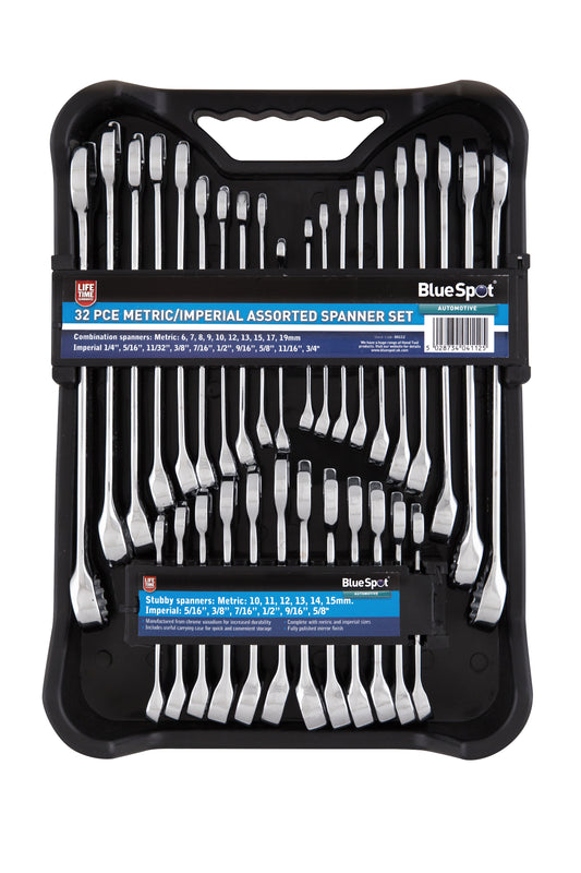 BlueSpot 32 PCE Metric/Imperial Assorted Spanner Set (6-19mm)(1/4"-5/8") 04112