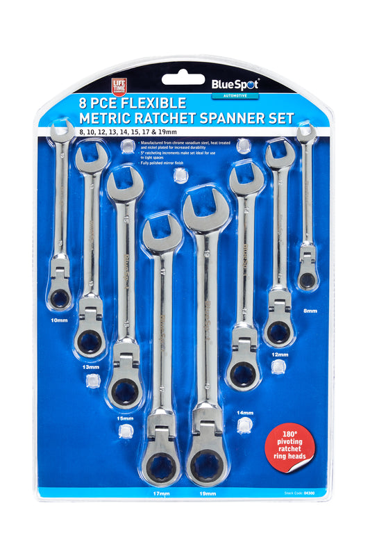 BlueSpot 8 PCE Flexible Metric Ratchet Spanner Set (8-19mm) 04300