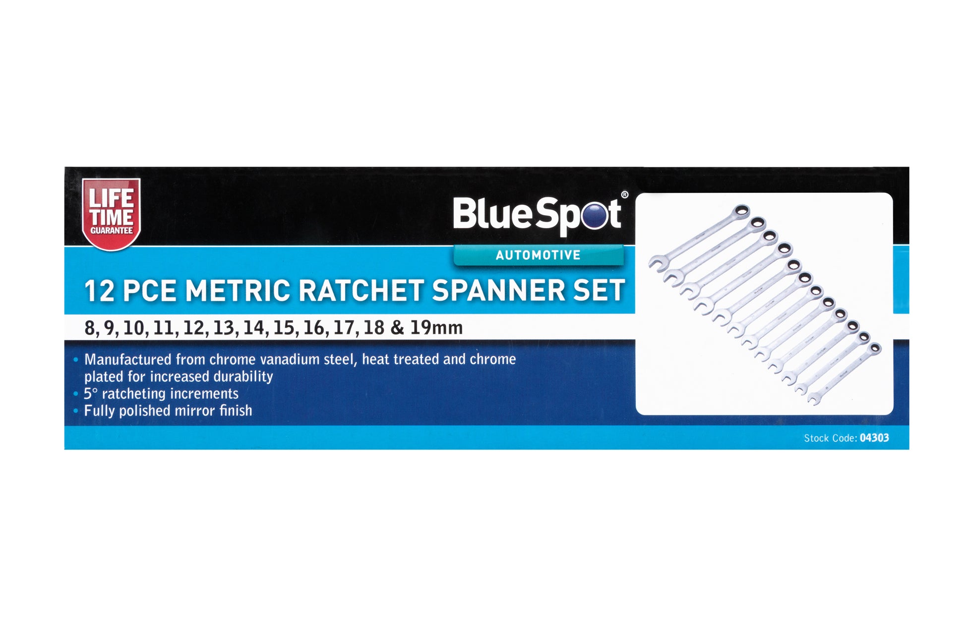 BlueSpot 12 PCE Metric Ratchet Spanner Set (8-19mm) 04303