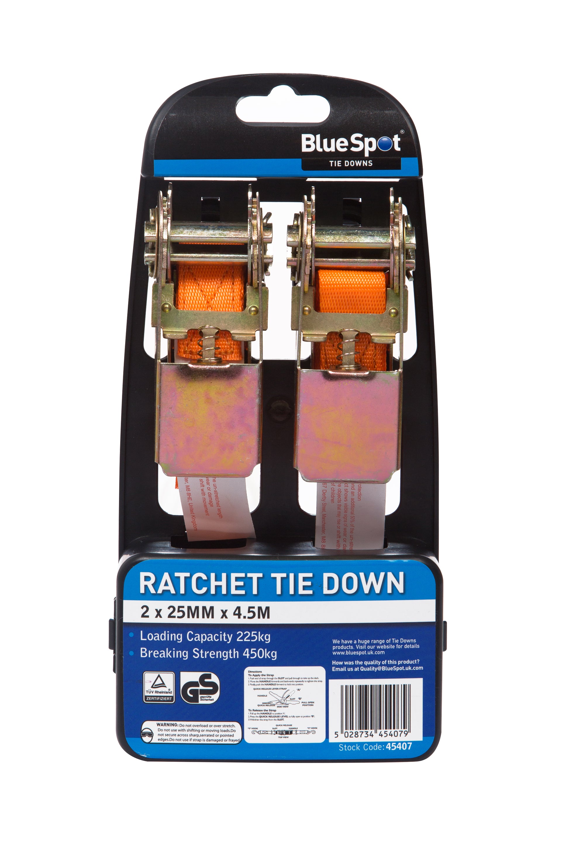 BlueSpot 2 Pack Ratchet Tie Down (25mm x 4.5m/15ft) 45407
