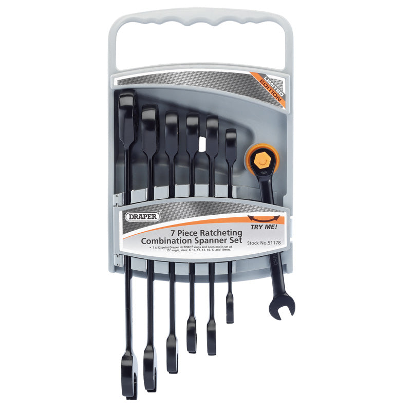 Draper HI-TORQ® ; Metric Ratcheting Combination Spanner Set, Black (7 Piece) DRA-51178