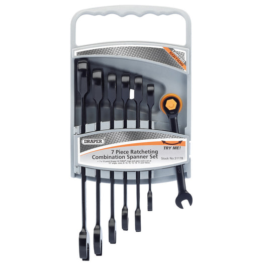 Draper HI-TORQ® ; Metric Ratcheting Combination Spanner Set, Black (7 Piece) DRA-51178