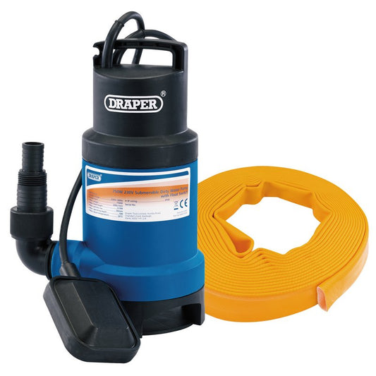 Draper Submersible Dirty Water Pump Kit with Layflat Hose & Adaptor, 200L/Min, 10m x 25mm, 350W DRA-61814