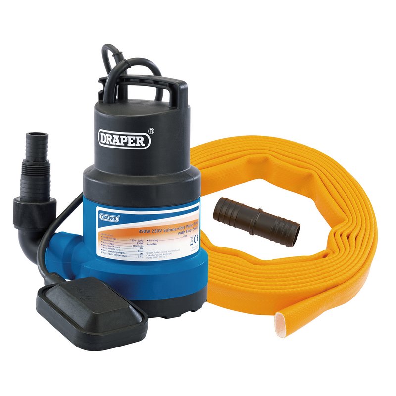 Draper Submersible Clear Water Pump Kit with Layflat Hose & Adaptor, 125L/Min, 5m x 25mm, 350W DRA-61815