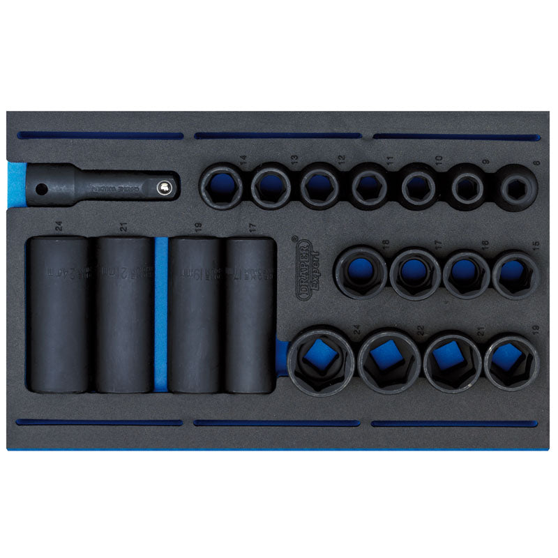 Draper Impact Socket Set in 1/4 Drawer EVA Insert Tray, 1/2" Sq. Dr. (20 Piece) DRA-63487