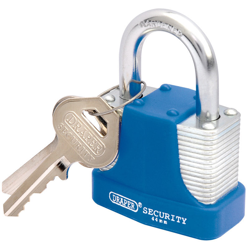 Draper Laminated Steel Padlock and 2 Keys with Hardened Steel Shackle and Bumper, 44mm DRA-64181