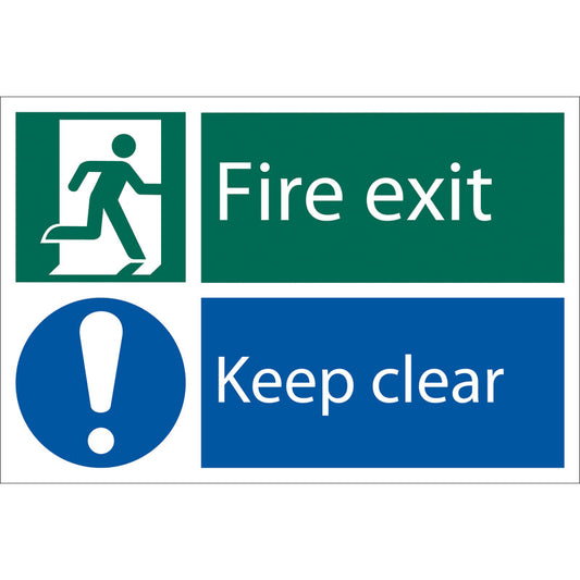 Draper Fire Exit Keep Clear' Safety Sign, 300 x 200mm, Design 2 DRA-72458
