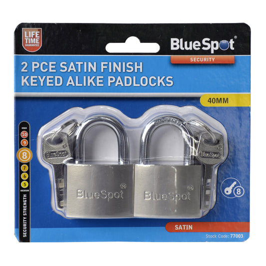 BlueSpot 2 PCE 40mm Satin Finish Keyed Alike Padlocks 77003