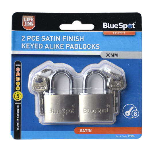 BlueSpot 2 PCE 30mm Satin Finish Keyed Alike Padlocks 77006