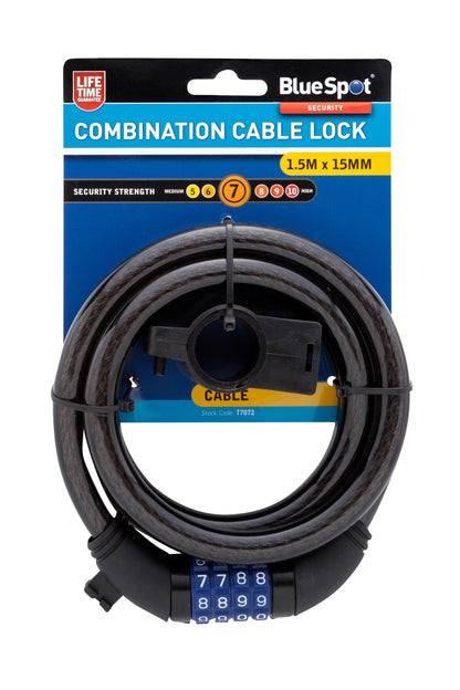 BlueSpot 1.5m x 15mm Combination Cable Lock 77072