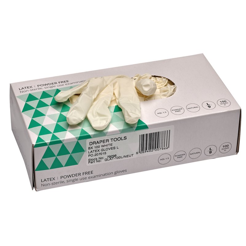 Draper Latex Gloves, Size Large, White (Box of 100) DRA-79298