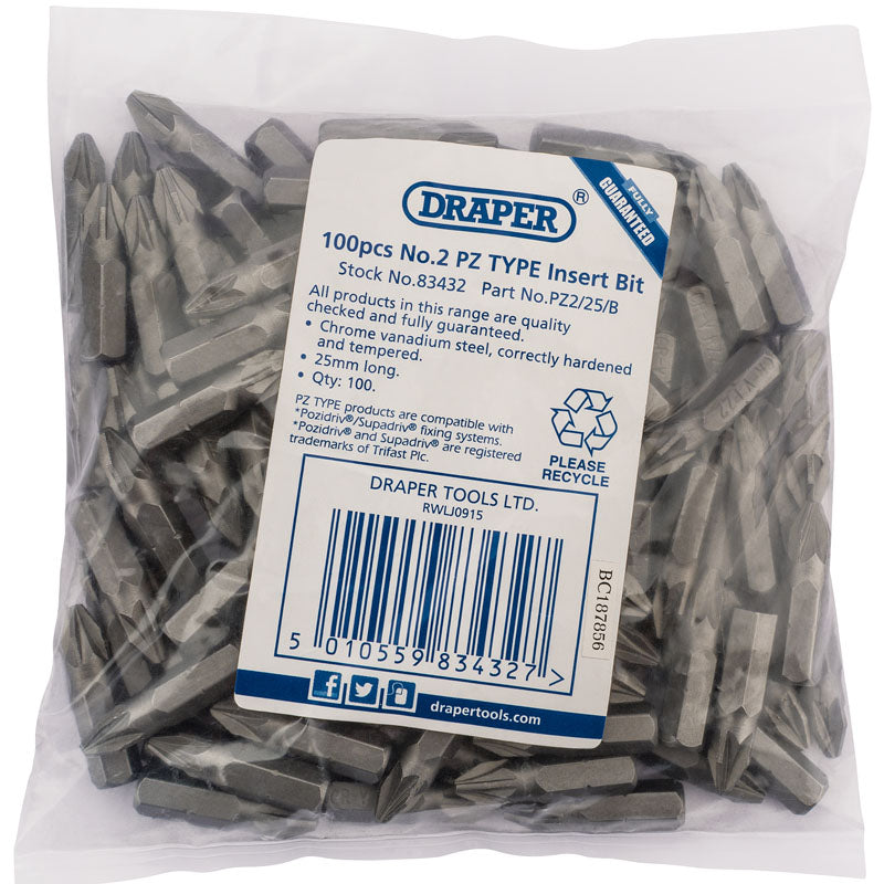 Draper PZ TYPE Insert Bits, 1/4", No.2 (Bag of 100) DRA-83432