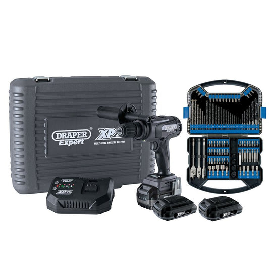 Draper XP20 Brushless Combi Drill 135Nm + 3x 2Ah Batteries and Fast Charger + Drill Bit Accessory Kit (101 Piece) DRA-93076
