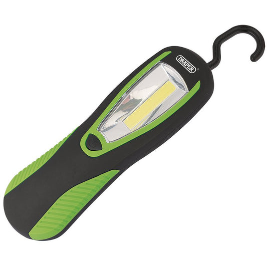 Draper COB LED Work Light with Magnetic Back and Hanging Hook, 3W, 200 Lumens, Green, 3 x AA Batteries Supplied DRA-94520