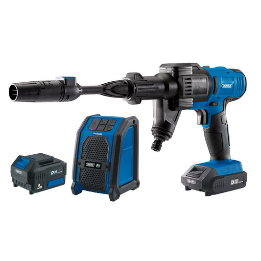 Draper D20 20V Pressure Washer, D20 20V Wireless Speaker, 1 x 2.0Ah, 1 x 3.0Ah, 1 x Fast Charger DRA-94796