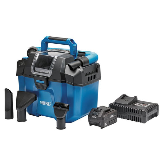 Draper D20 20V Wet and Dry Vacuum Cleaner, 1 x 3.0Ah Battery, 1 x Fast Charger DRA-95169