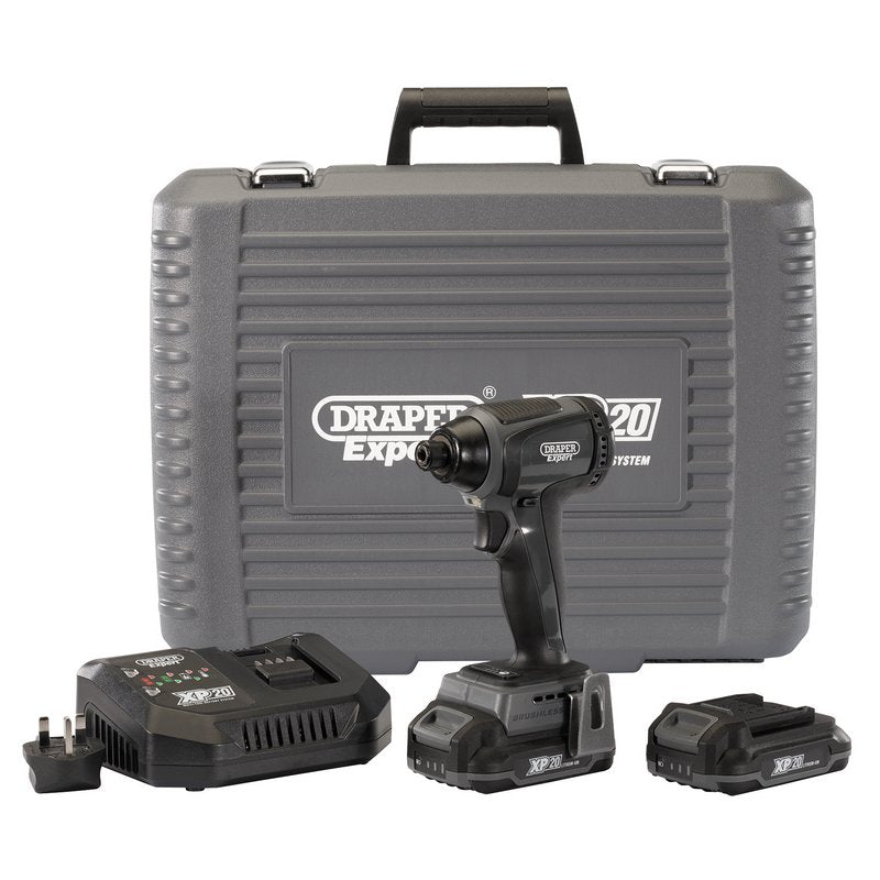 Draper XP20 20V Brushless Impact Driver, 1/4" Hex., 200Nm, 2 x 2.0Ah Batteries and Fast Charger DRA-98964