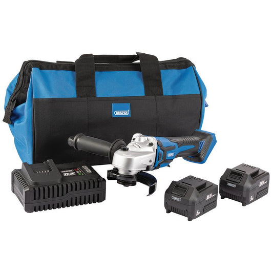 Draper D20 20V Brushless Angle Grinder, 115mm, 2 x 5.0Ah Batteries, 1 x Fast Charger, 1 x Bag DRA-99730