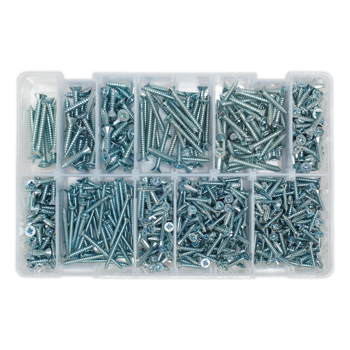 Sealey 600pc Zinc Plated Self Tapping Countersunk Pozi Screw Assortment AB065STCP