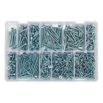 Sealey 600pc Zinc Plated Self Tapping Countersunk Pozi Screw Assortment AB065STCP
