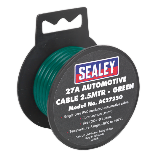 Sealey 2.5m 27A Thick Wall Automotive Cable - Green AC2725G