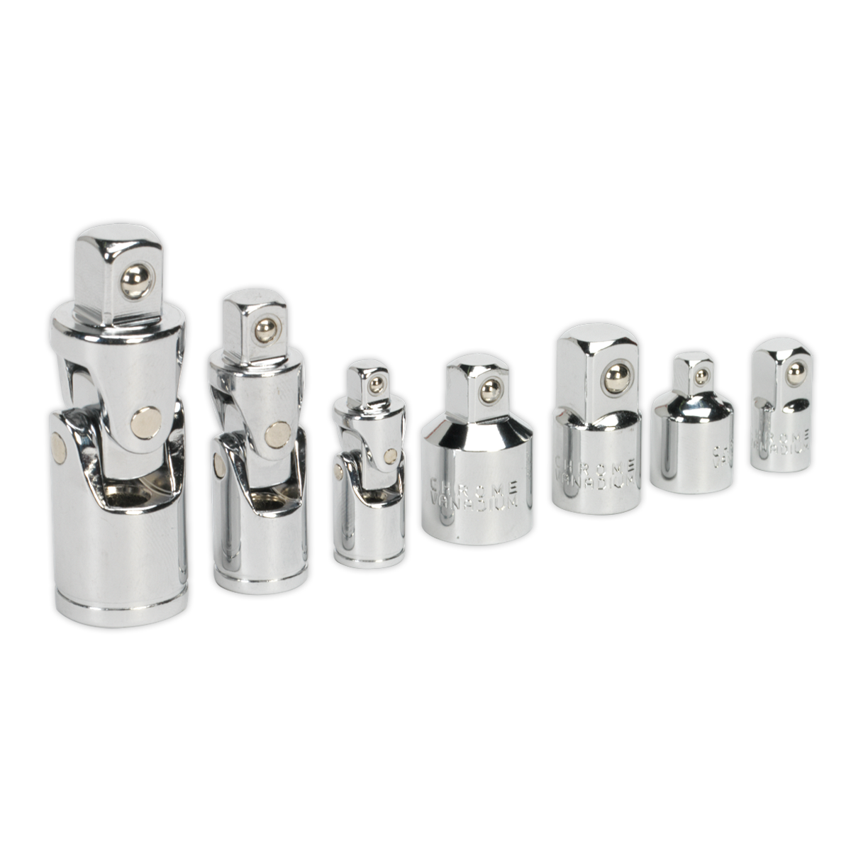 Sealey 7pc 1/4", 3/8" & 1/2"Sq Drive Universal Joint & Socket Adaptor Set AK2737