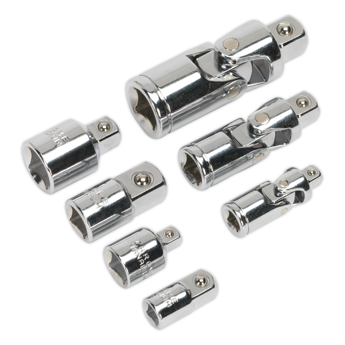 Sealey 7pc 1/4", 3/8" & 1/2"Sq Drive Universal Joint & Socket Adaptor Set AK2737