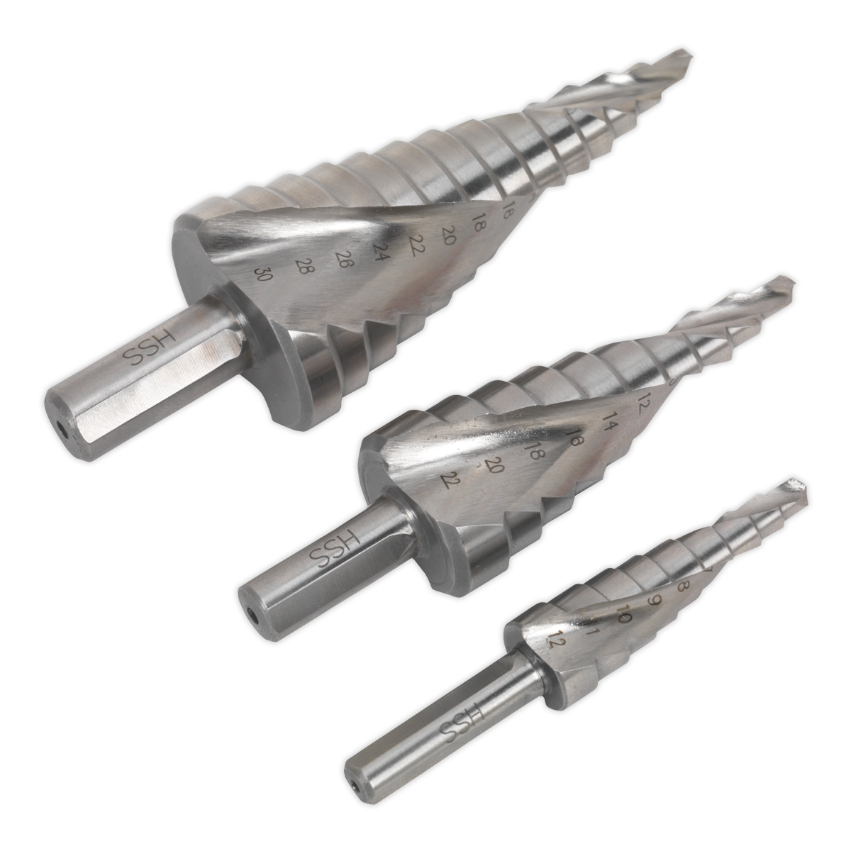 Sealey 3pc Spiral Flute HSS M2 Step Drill Bit Set AK4743