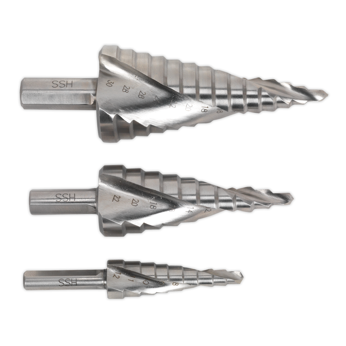 Sealey 3pc Spiral Flute HSS M2 Step Drill Bit Set AK4743