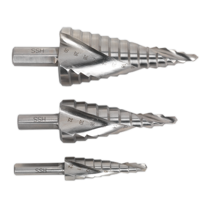 Sealey 3pc Spiral Flute HSS M2 Step Drill Bit Set AK4743