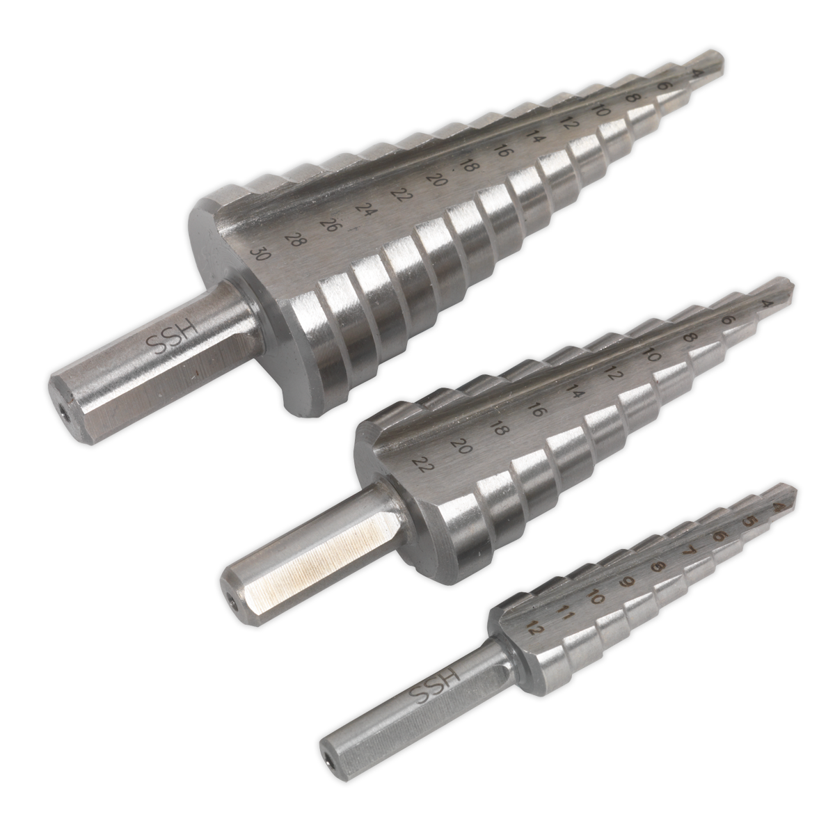 Sealey 3pc Double Flute HSS 4341 Step Drill Bit Set AK4746