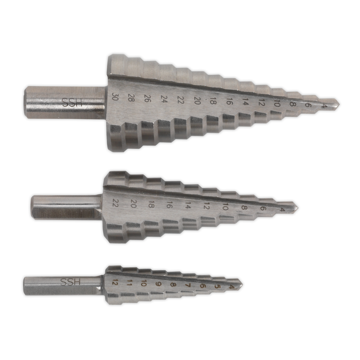 Sealey 3pc Double Flute HSS 4341 Step Drill Bit Set AK4746