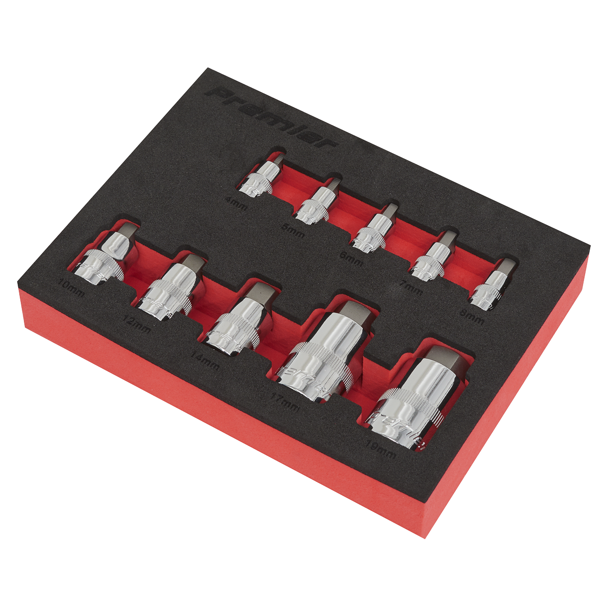Sealey 10pc 1/4", 3/8" & 1/2"Sq Drive Hex Socket Bit Set - Stubby AK6244