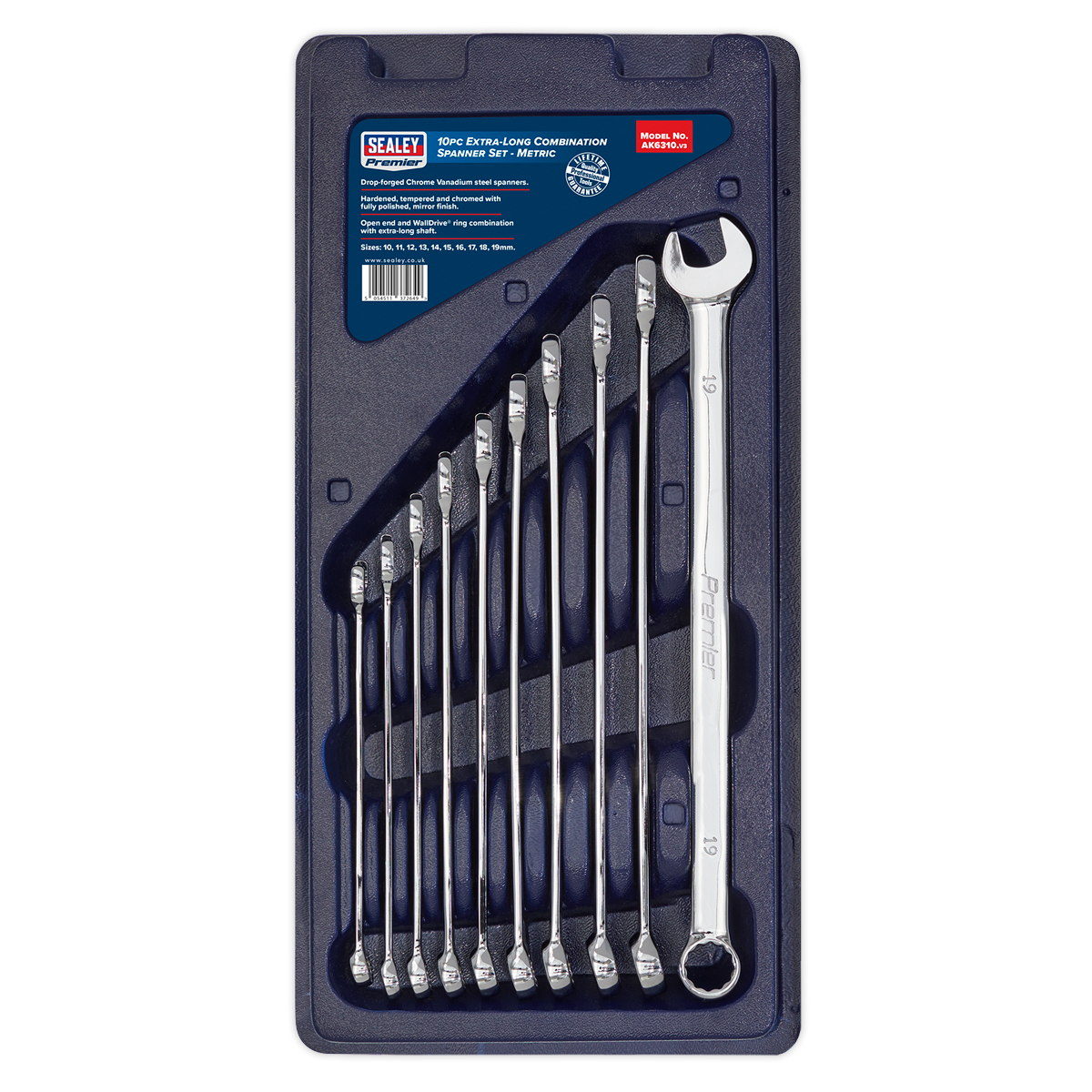 Sealey 10pc Extra-Long Combination Spanner Set AK6310