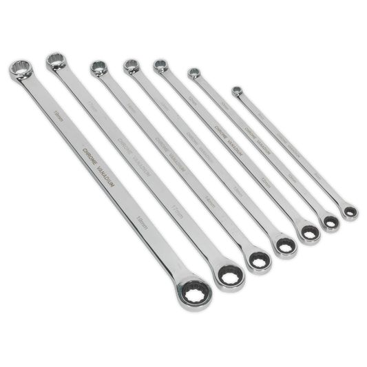 Sealey 7pc Extra-Long Double Ring Ratchet/Fixed Spanner Set AK6319