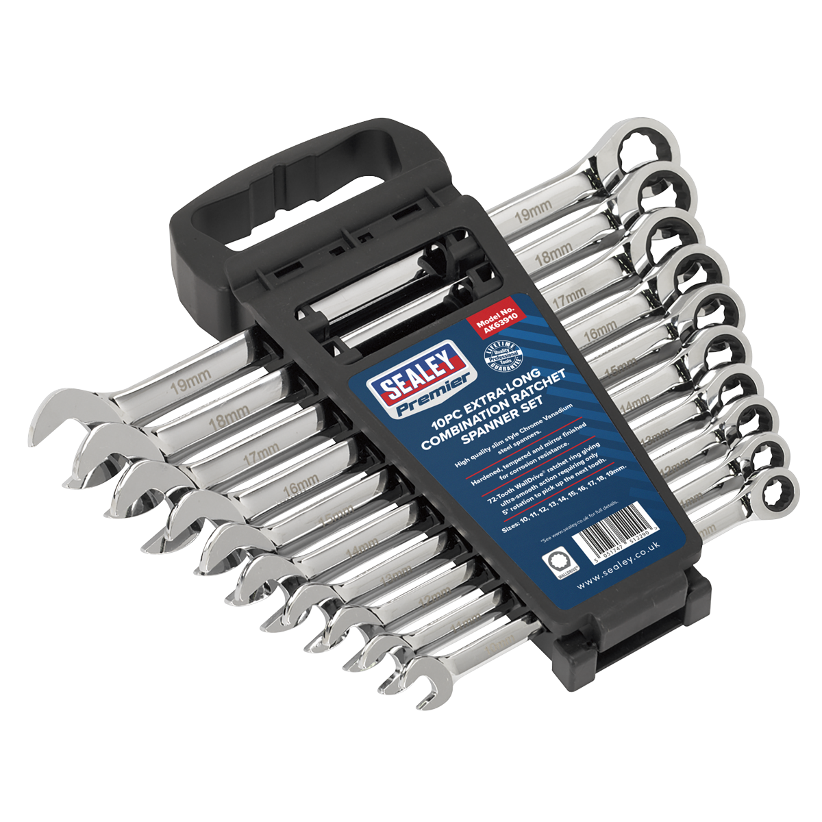 Sealey 10pc Extra-Long Combination Ratchet Spanner Set AK63910