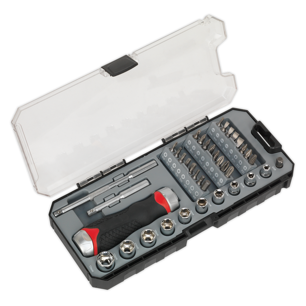 Sealey 38pc Fine Tooth Ratchet Screwdriver Socket & Bit Set AK64905