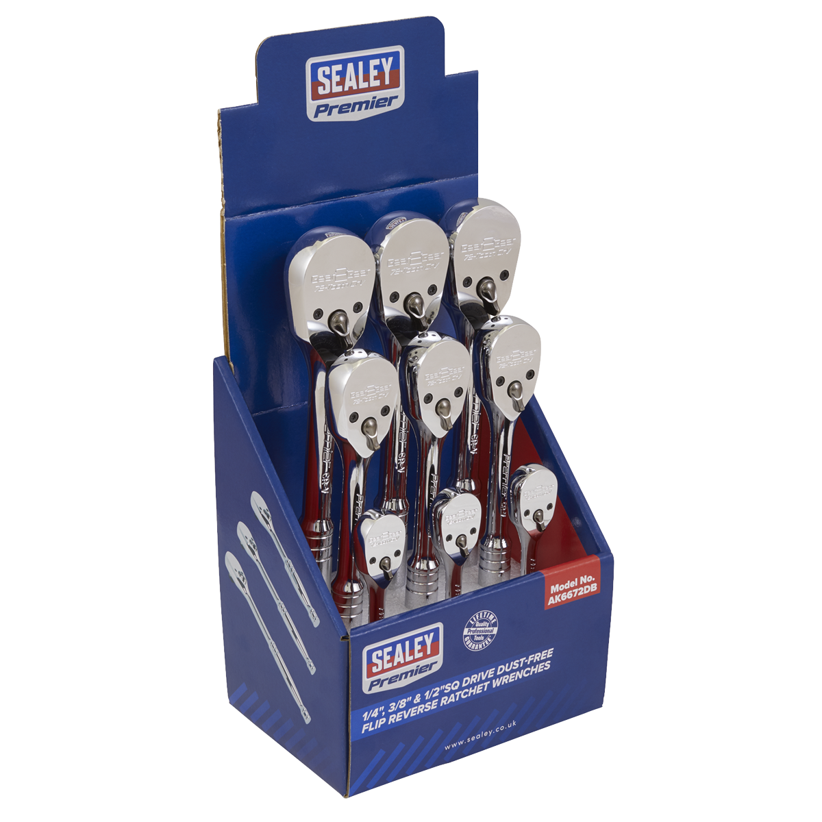 Sealey 1/4", 3/8" & 1/2"Sq Drive Dust-Free Ratchet Wrenches with Flip Reverse - Display Box of 9 AK6672DB