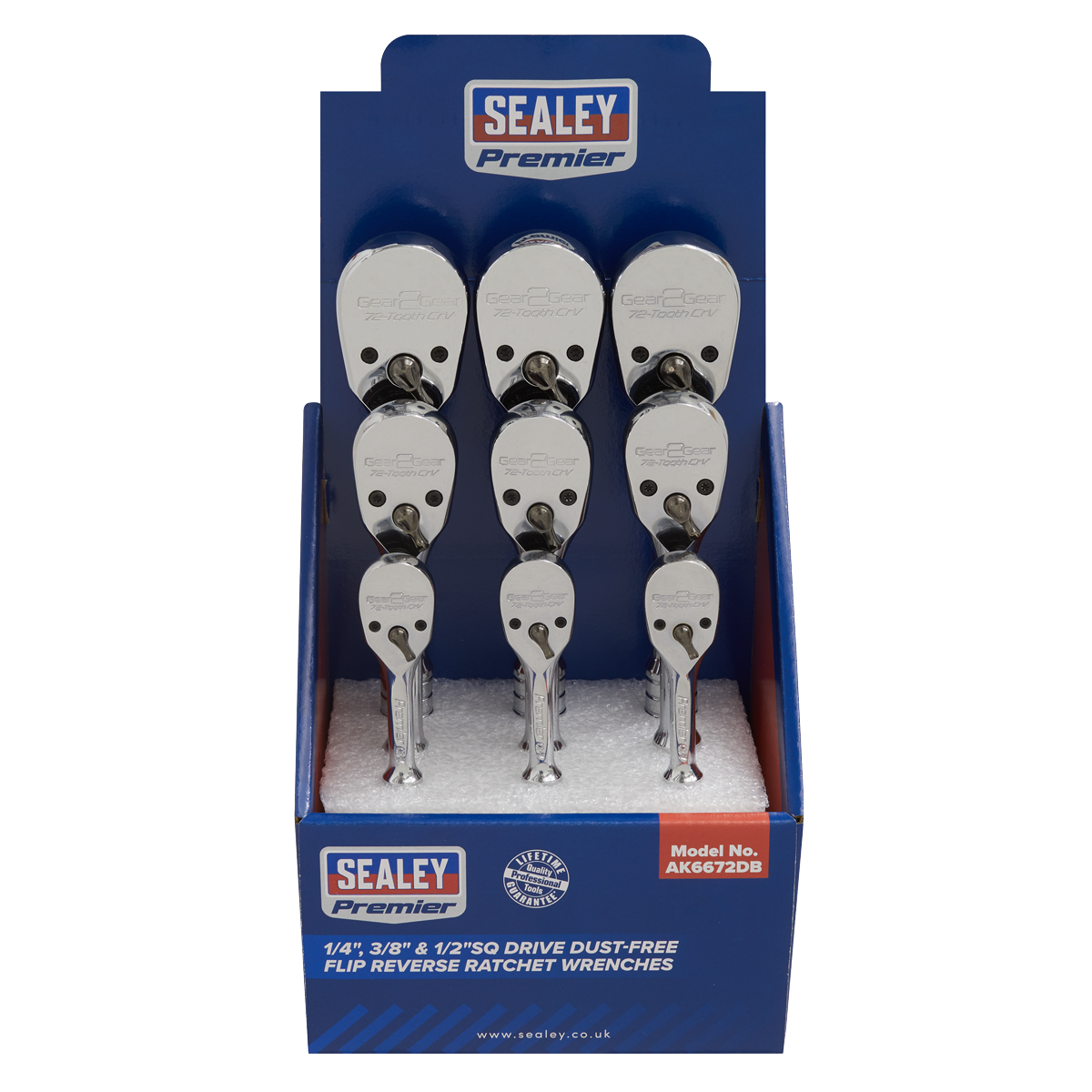 Sealey 1/4", 3/8" & 1/2"Sq Drive Dust-Free Ratchet Wrenches with Flip Reverse - Display Box of 9 AK6672DB