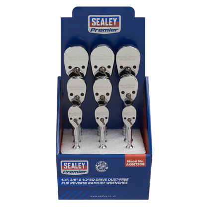 Sealey 1/4", 3/8" & 1/2"Sq Drive Dust-Free Ratchet Wrenches with Flip Reverse - Display Box of 9 AK6672DB