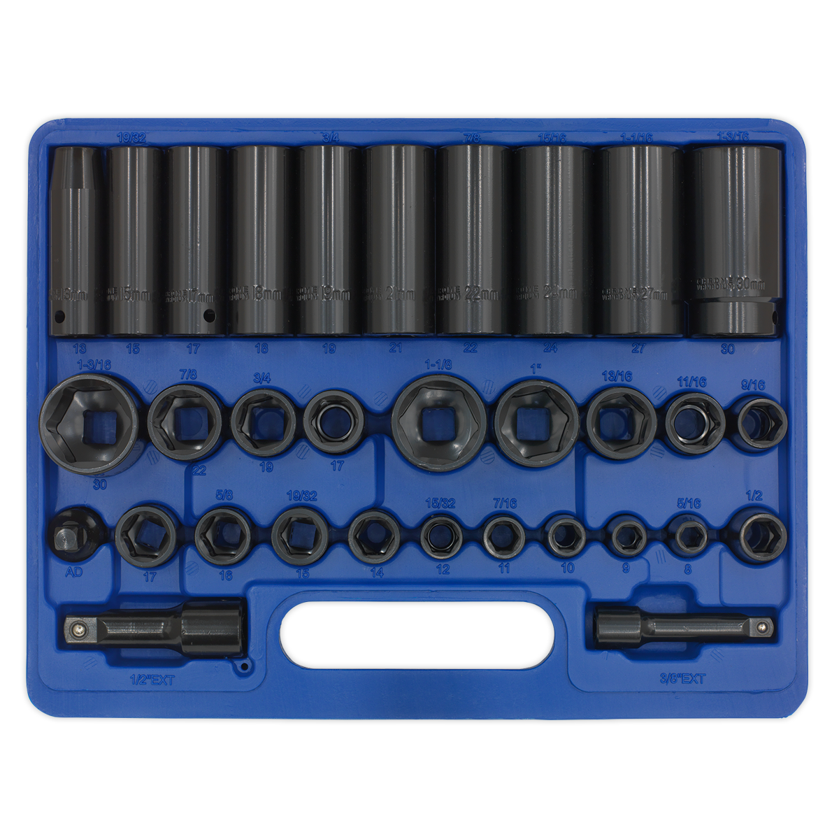 Sealey 32pc 3/8" & 1/2"Sq Drive Impact Socket Set Standard/Deep - Metric/Imperial AK681