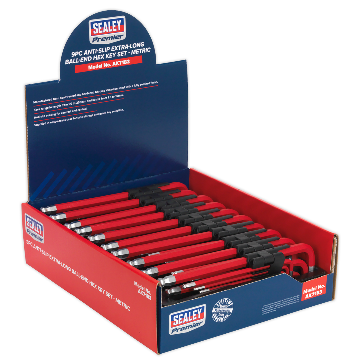 Sealey 9pc Anti-Slip Extra-Long Ball-End Hex Key Set - Display Box of 10 AK7183